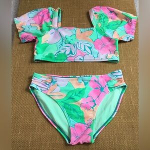 Girls' Floral Off-Shoulder Bikini Set - Pink & Green - K718